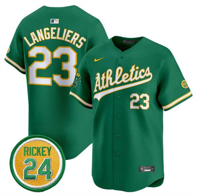 Mens Oakland Athletics #23 Shea Langeliers Green 2024 Limited With Rickey Henderson Patch Stitched Jersey Dzhi